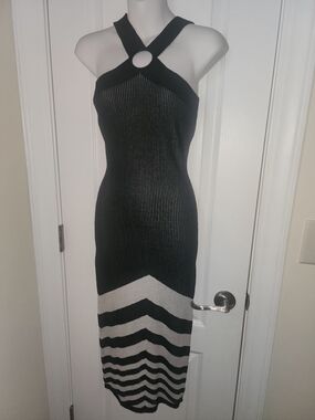 Sleeveless Black and White Striped Knit Midi Dress